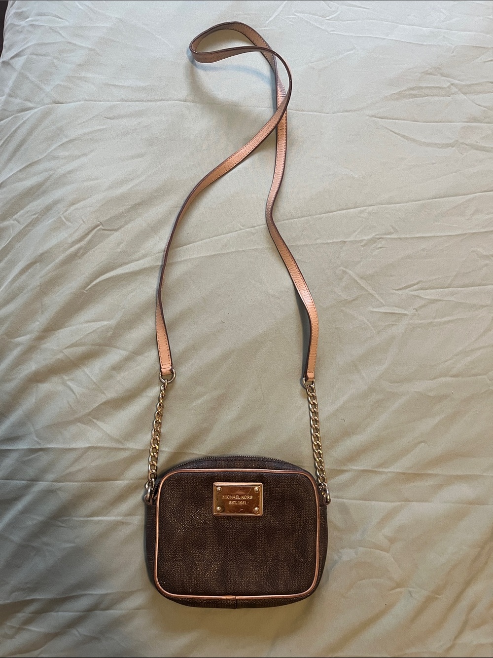 Michael Kors Brown Crossbody with Pink Trim and Gold Hardware